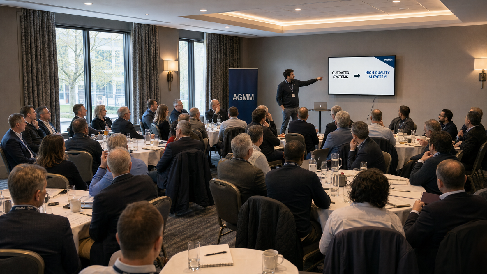 A business workshop with leaders listening to a presenter